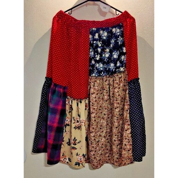 Shein Patchwork Floral Polka Dot Plaid Midi Skirt size XL 12 Boho elastic waist - Picture 2 of 2